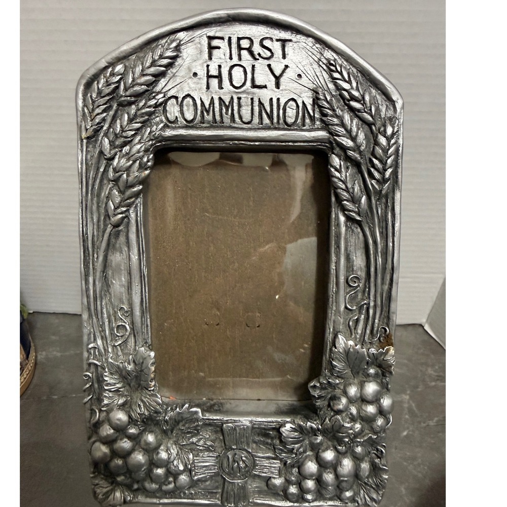 First Holy Communion Silver Tone Photo Frame Wheat Grapes Cross 3.5x4.5 photo